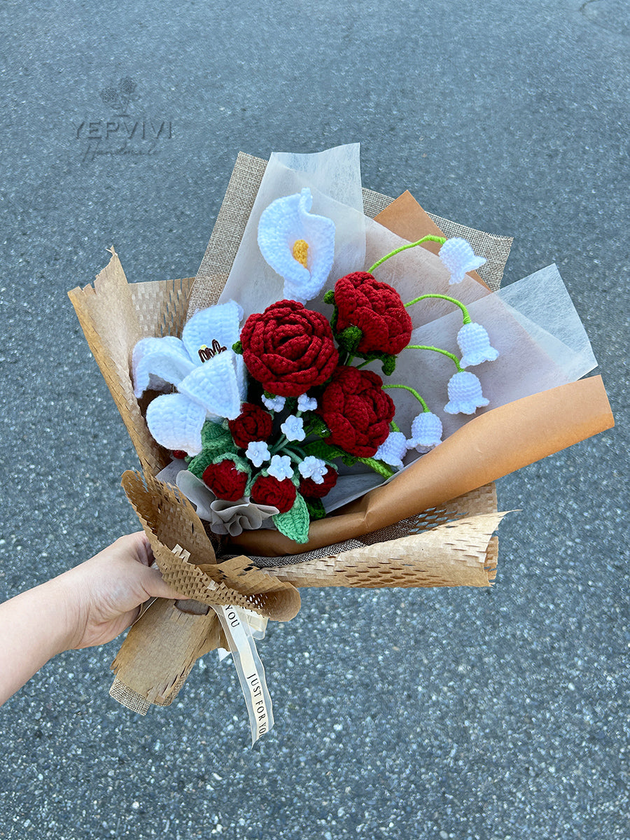 Finished crochet burgundy rose bouquet. Beautifully wrapped gift. Unique handmade gift for women.