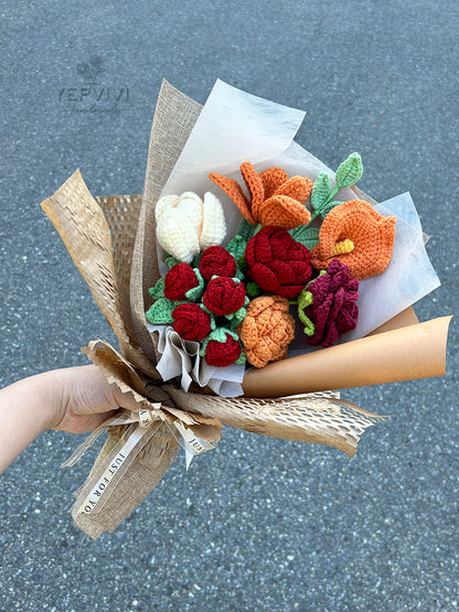 Finished crochet burgundy rose bouquet. Beautifully wrapped gift. Unique handmade gift for women.