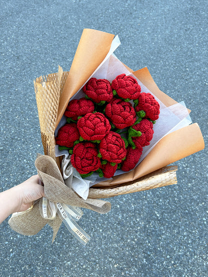 Finished crochet burgundy rose bouquet. Beautifully wrapped gift. Unique handmade gift for women.