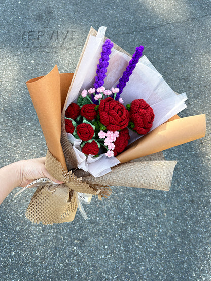 Finished crochet burgundy rose bouquet. Beautifully wrapped gift. Unique handmade gift for women.