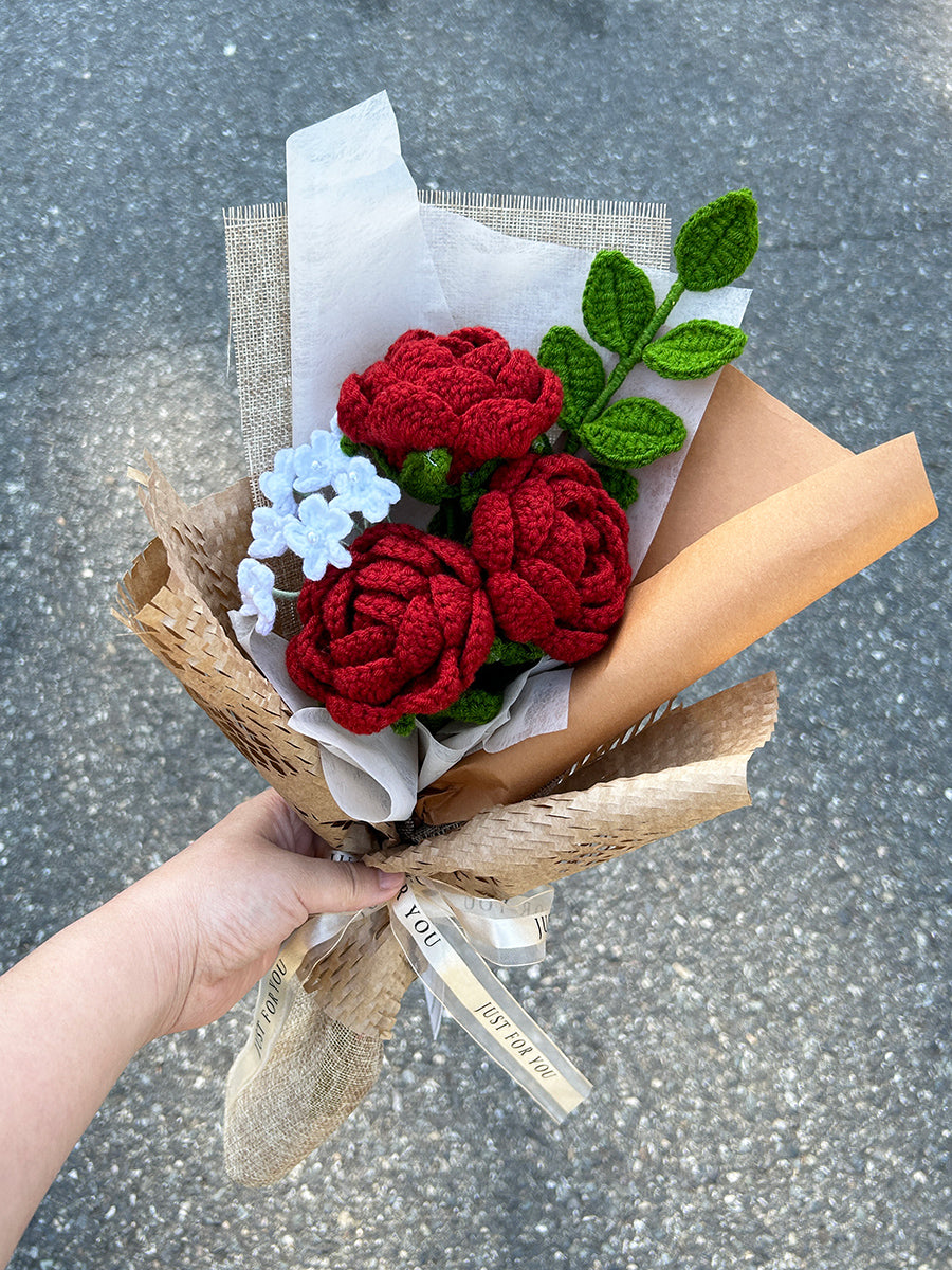 Finished crochet burgundy rose bouquet. Beautifully wrapped gift. Unique handmade gift for women.