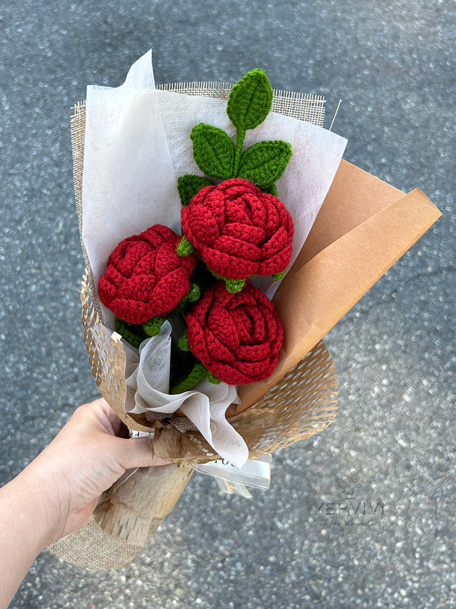 Finished crochet burgundy rose bouquet. Beautifully wrapped gift. Unique handmade gift for women.