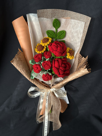 Finished crochet burgundy rose bouquet. Beautifully wrapped gift. Unique handmade gift for women.