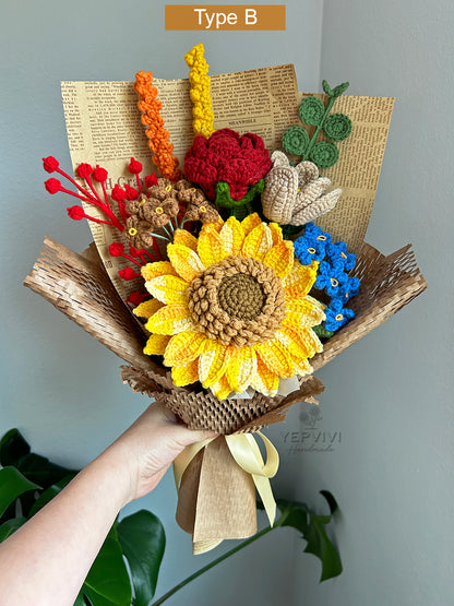 Finished crochet sunflower and Fall color bouquet. Gift for everyone, Mom,wife,friend.