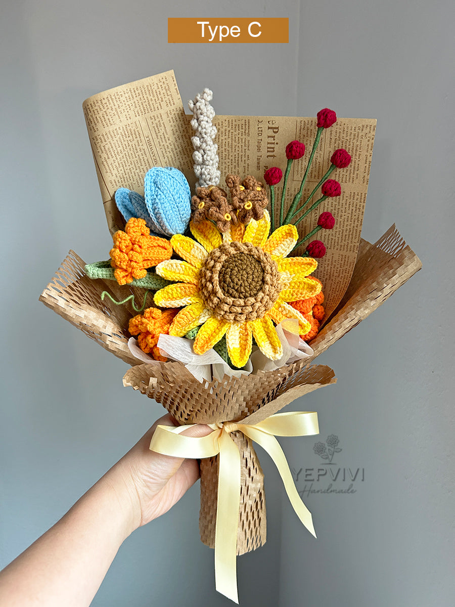 Finished crochet sunflower and Fall color bouquet. Gift for everyone, Mom,wife,friend.