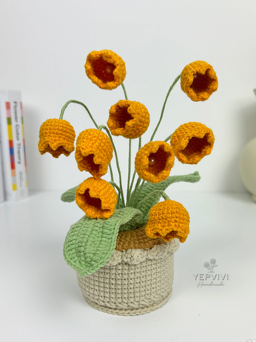 Forever crochet Lily of the Valley in pot. High quality yarn flowers. Unique handmade gift for her.