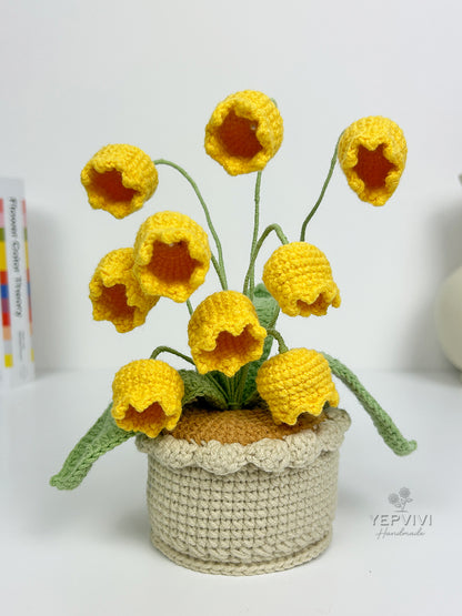 Forever crochet Lily of the Valley in pot. High quality yarn flowers. Unique handmade gift for her.