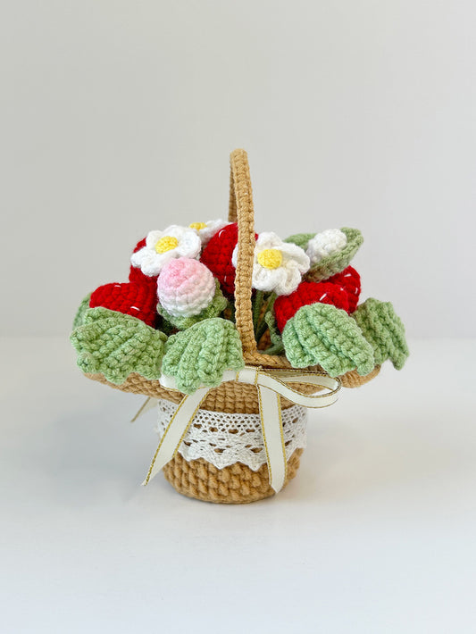 Finished Crochet flower in pot | Strawberry basket | Home Room, Office, Car Decoration | Gift