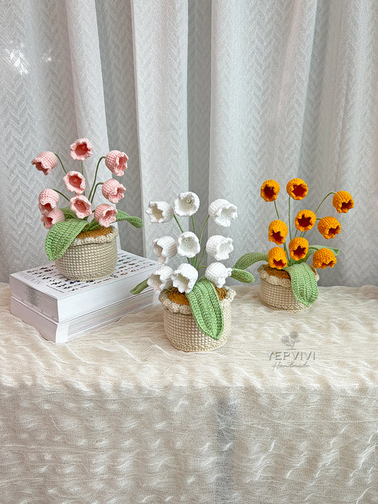 Forever crochet Lily of the Valley in pot. High quality yarn flowers. Unique handmade gift for her.