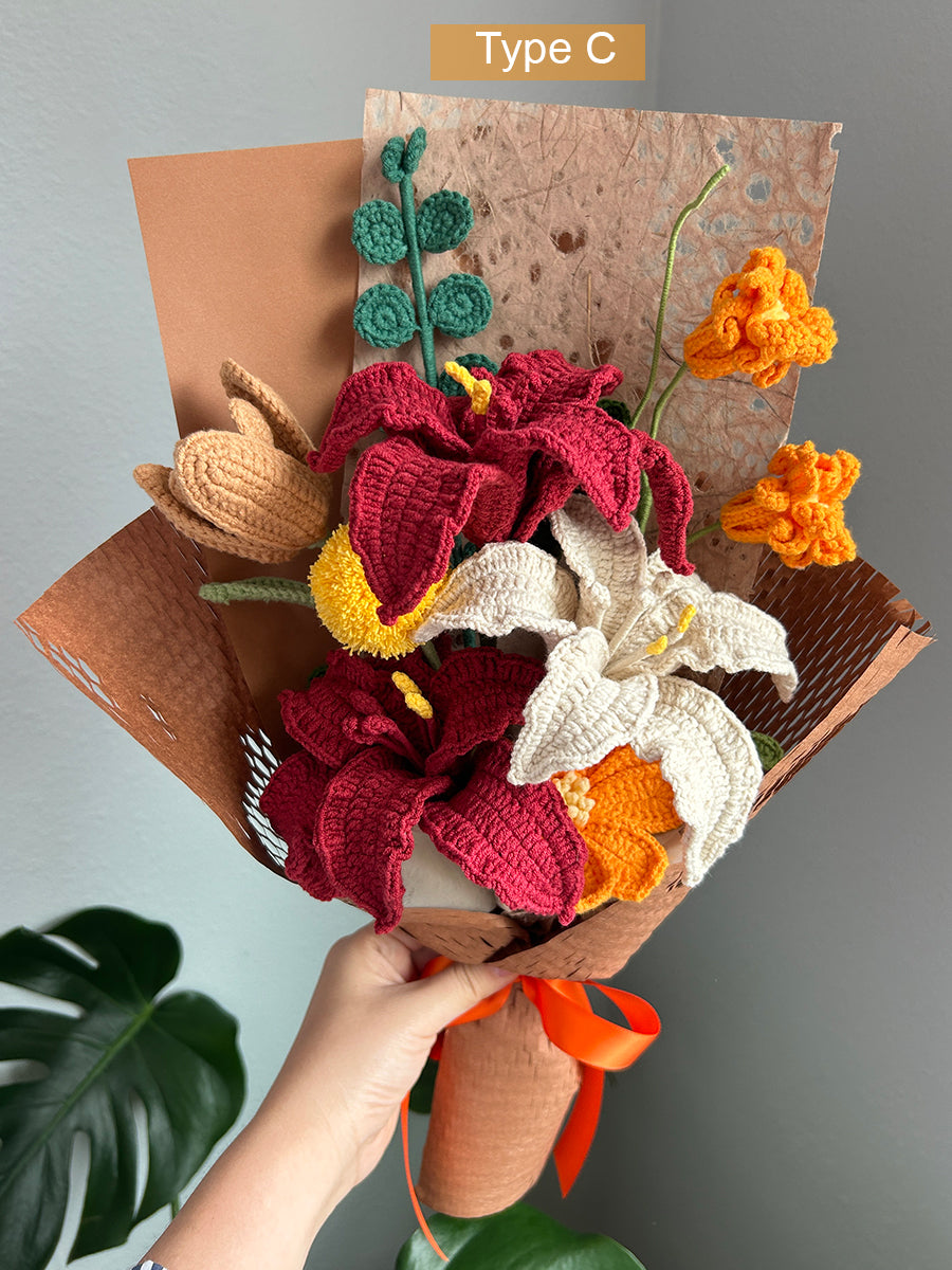 Forever lily bouquet. Finished crochet lily, fall color and warmth bouquet. Handmade gift.