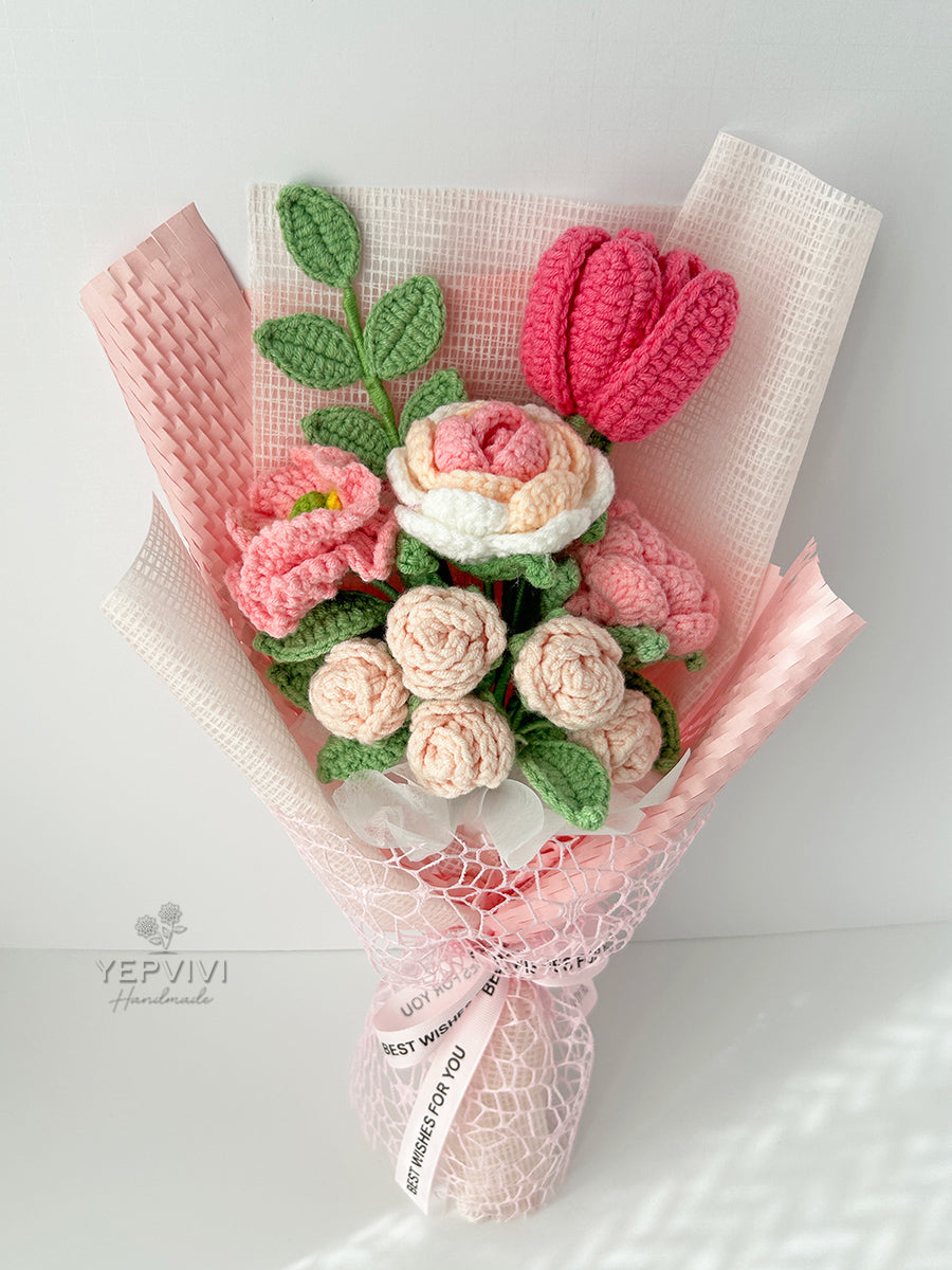 Finished Crochet Bouquet | rose, tulip | Gift for mother, teacher, friends