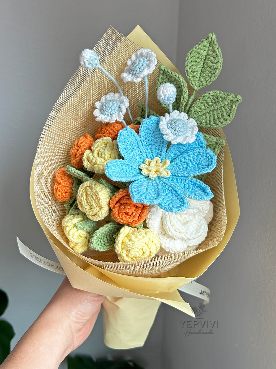 Finished crochet orange & blue flower bouquet. Unique handmade gift.