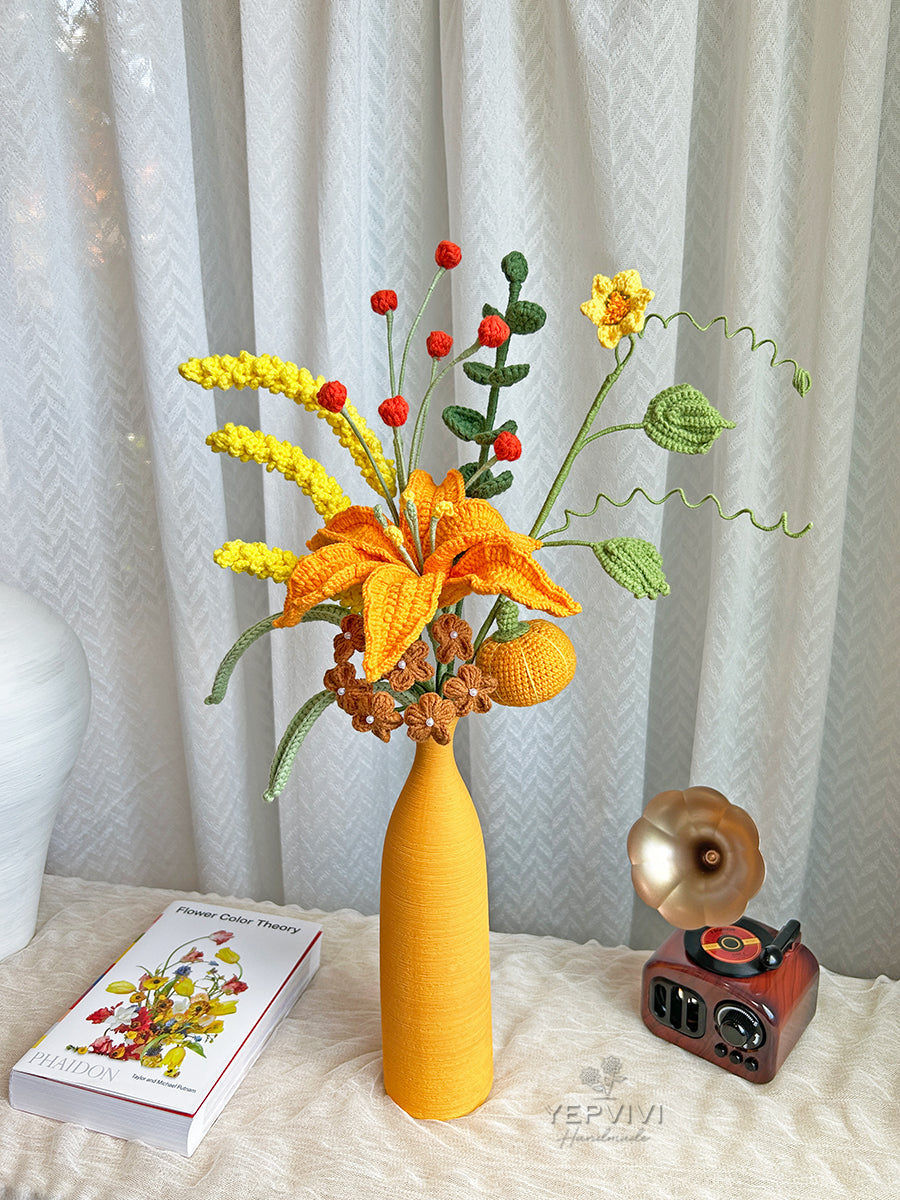 Finished crochet lily home decor. Lily, pumpkin, wheat spike. Unique handmade flower gift.(no vase)