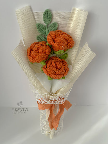 Forever orange rose bouquet. Finished crochet flowers bouquet. Unique handmade gift.