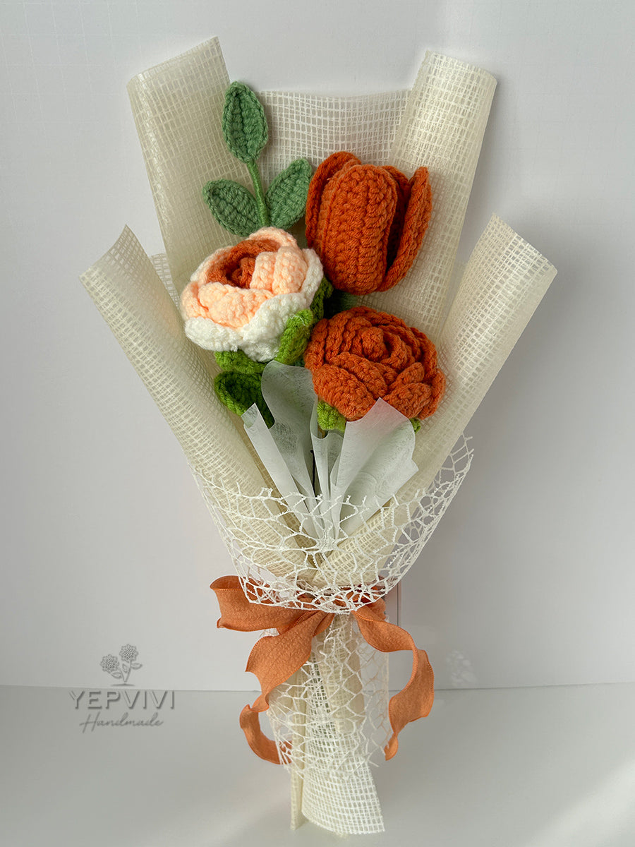 Forever orange rose bouquet. Finished crochet flowers bouquet. Unique handmade gift.