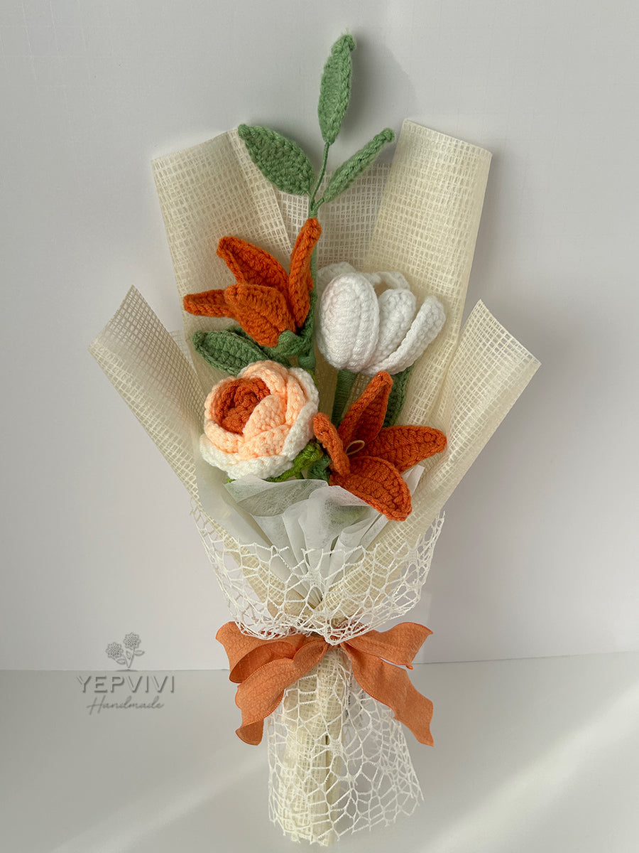 Forever orange rose bouquet. Finished crochet flowers bouquet. Unique handmade gift.