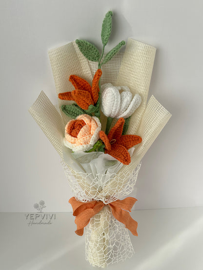 Forever orange rose bouquet. Finished crochet flowers bouquet. Unique handmade gift.