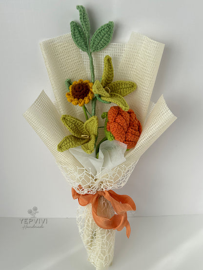 Forever orange rose bouquet. Finished crochet flowers bouquet. Unique handmade gift.