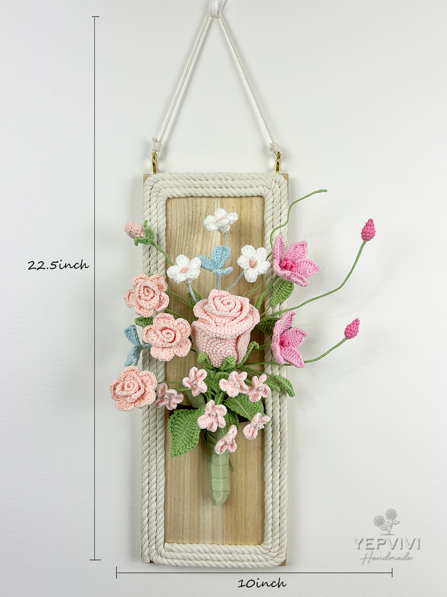 Finished crochet flowers with wood wall hanging. Pink rose and clematis arrangement wall art.