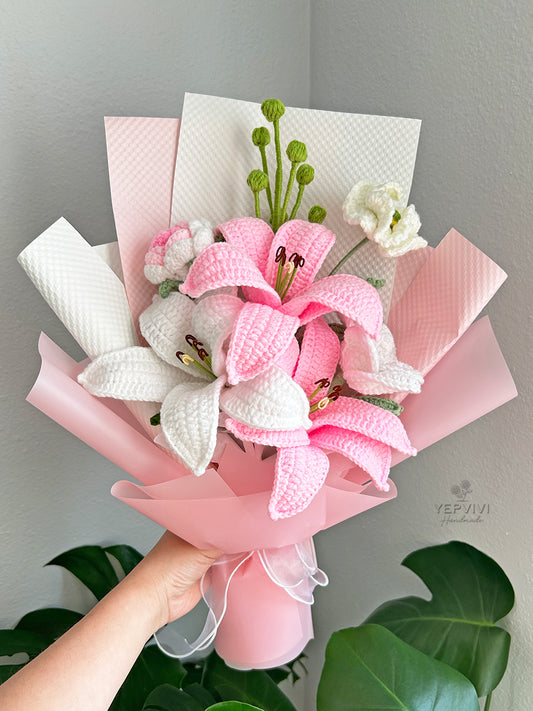 Finished crochet pink lily, rose and tulip bouquet. Beautifully wrapped gift. Unique handmade gift.