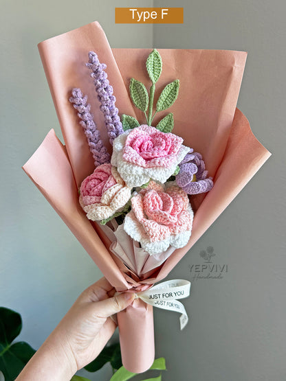 Pink/Purple/blue rose bouquet. Finished crochet rose, tulip and mixed flowers bouquet. Unique handmade gift.