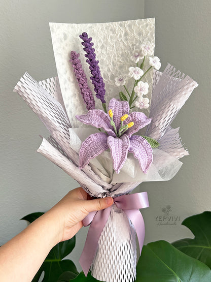 Finished crochet purple lily and mixed flower bouquet. Unique handmade gift for women.