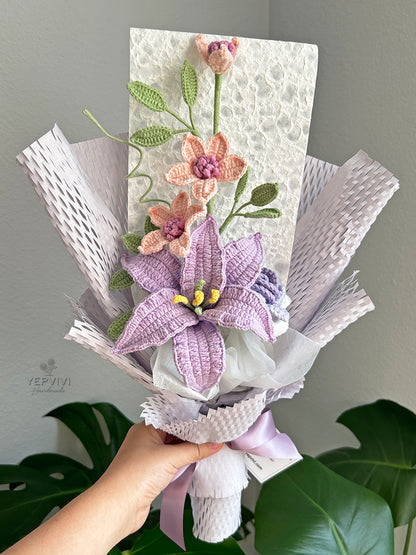 Finished crochet purple lily and mixed flower bouquet. Unique handmade gift for women.