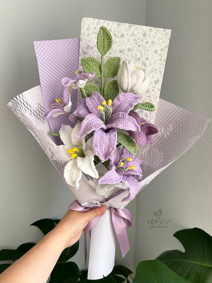 Finished crochet purple lily and mixed flower bouquet. Unique handmade gift for women.