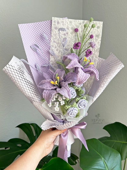 Finished crochet purple lily and mixed flower bouquet. Unique handmade gift for women.