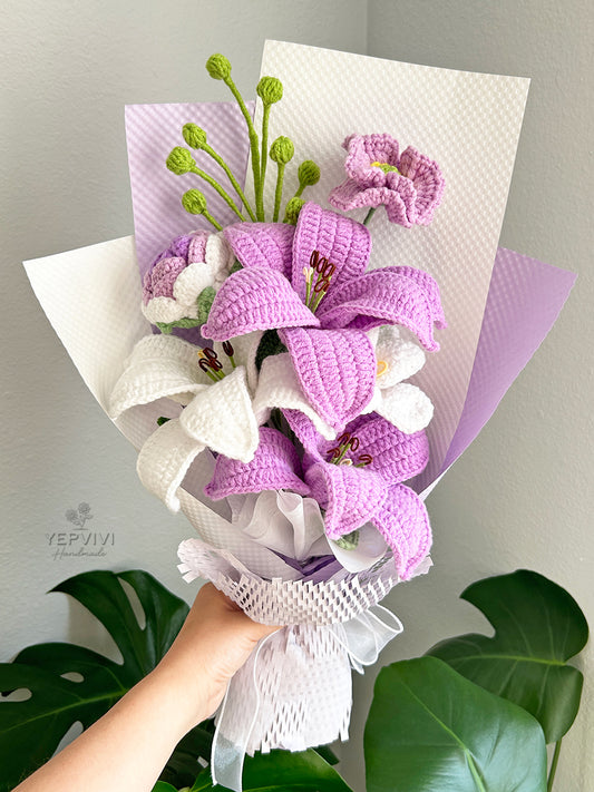 Finished crochet purple lily, rose and tulip bouquet. Unique handmade gift.