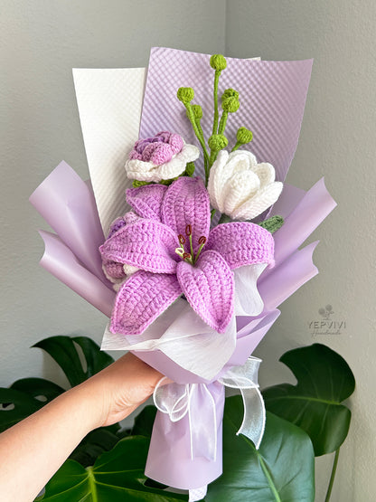 Finished crochet purple lily, rose and tulip bouquet. Unique handmade gift.