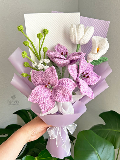 Finished crochet lily, rose and tulip bouquet. Pink/purple. Unique handmade gift.