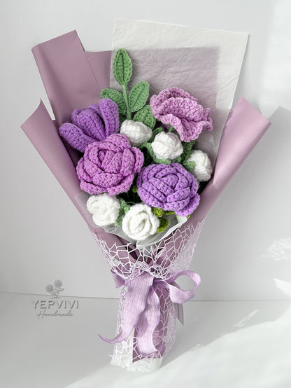 Finished crochet purple rose bouquet. Unique handmade gift for women.