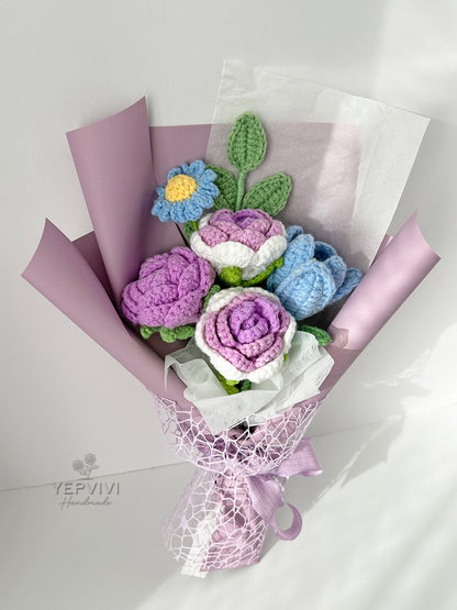 Finished crochet purple rose bouquet. Unique handmade gift for women.