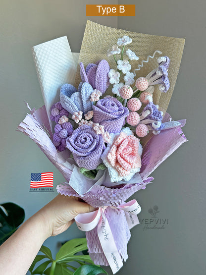 Finished crochet purple and pink Rose bouquet. Unique handmade gift for women.