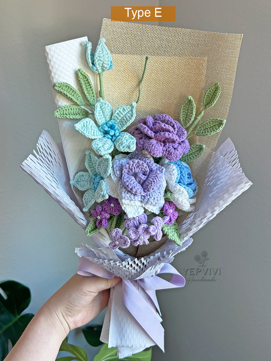 Finished crochet Purple/Blue Rose bouquet. Unique handmade gift.