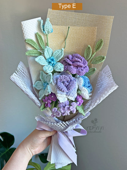 Finished crochet Purple/Blue Rose bouquet. Unique handmade gift.