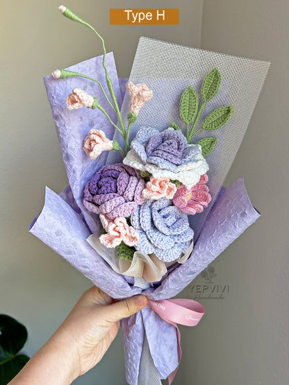 Finished crochet Purple with pink/ blue Rose bouquet. Unique handmade gift for women.
