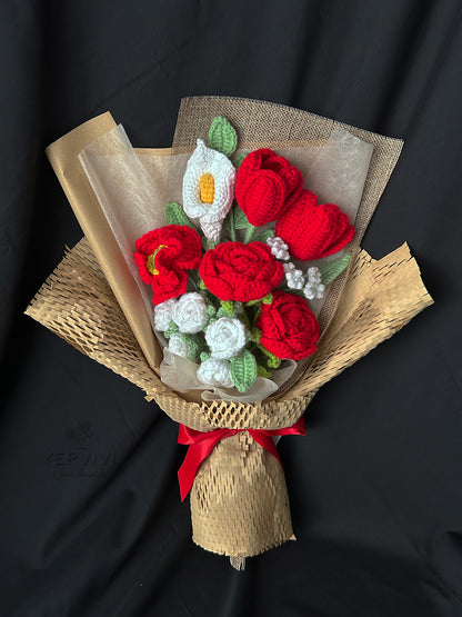 Finished crochet red rose bouquet. Unique handmade gift for women.