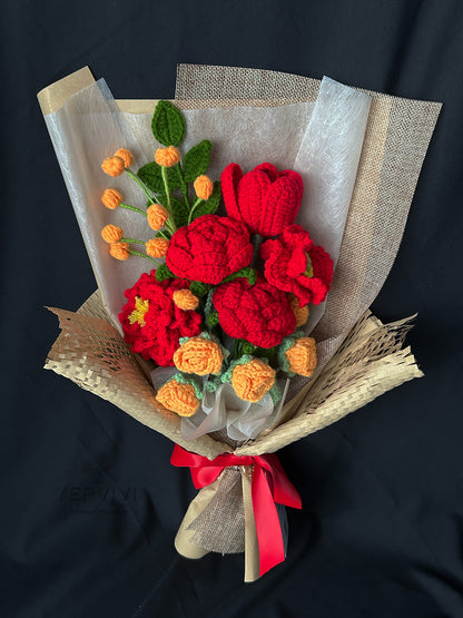 Finished crochet red rose bouquet. Unique handmade gift for women.