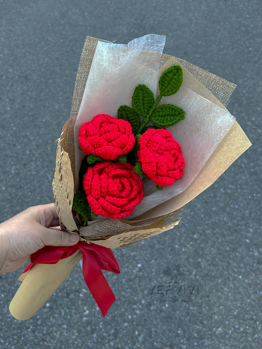 Finished crochet red rose bouquet. Unique handmade gift for women.