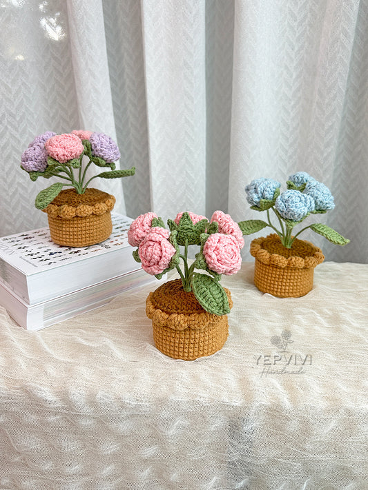 Finished stunning crochet rose in pot. Unique handmade gift for women.