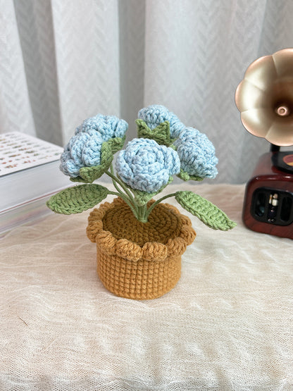 Finished stunning crochet rose in pot. Unique handmade gift for women.