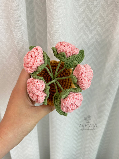 Finished stunning crochet rose in pot. Unique handmade gift for women.