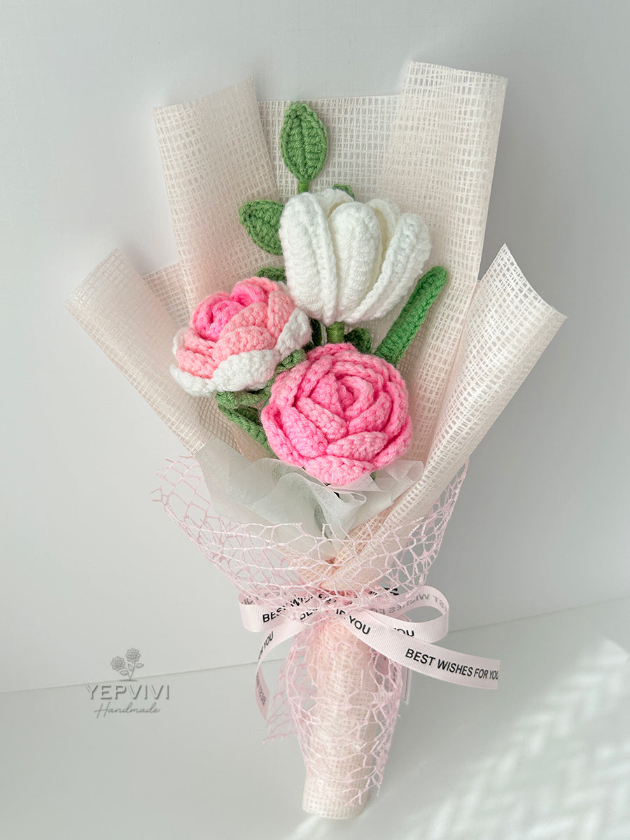 Finished crochet pink rose bouquet. Unique handmade gift for women.