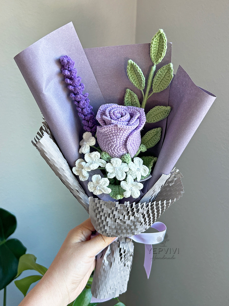 Finished crochet purple Rose bouquet. Unique handmade gift.