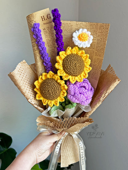 Finished crochet sunflower with Purple flowers bouquet. Unique handmade gift.