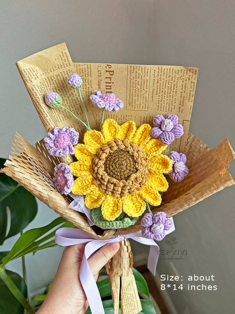 Finished crochet sunflower with pink/purple/blue bouquet. Unique handmade gift.