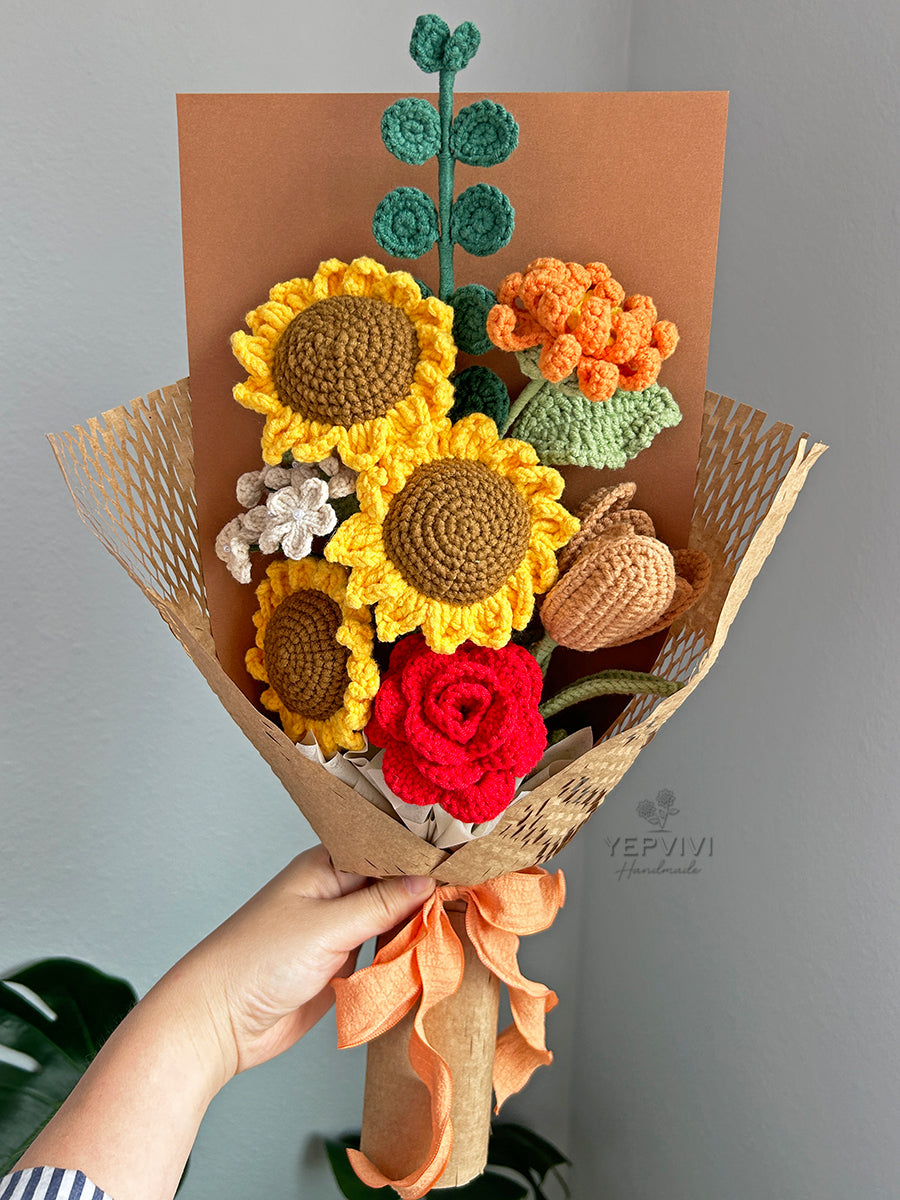 Finished crochet sunflower and Fall color bouquet. Gift for everyone, Mom,wife,friend.