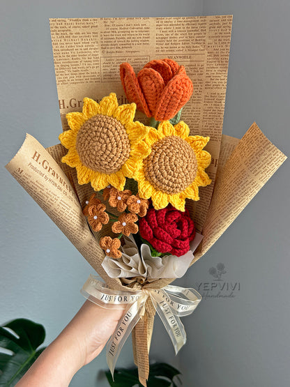 Finished crochet sunflower and Fall color bouquet. Gift for everyone, Mom,wife,friend.